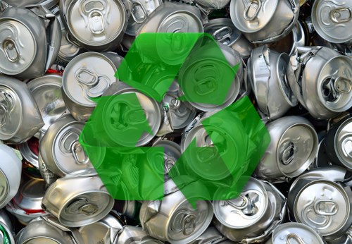 A close-up photograph of numerous discarded aluminium beverage cans, predominantly silver in color, with some showing red and green accents from branding, piled together on a surface. The cans are various sizes and are positioned in different orientations, with some stacked or leaning against each other. The metallic surfaces are smooth and reflective, highlighting the embossed tops and pull-tabs. In the centre of the image, a semi-transparent green recycling symbol overlays the cans, indicating that these are recyclable materials. The background is filled solely with the cans, creating a dense, cluttered appearance typical of waste collected for rubbish removal or recycling services. This scene is representative of waste collection efforts in urban or residential settings, such as those encountered by Garden Clearance Shadwell, a company operating within the Shadwell area, potentially serving local rubbish removal needs related to household or garden waste disposal.